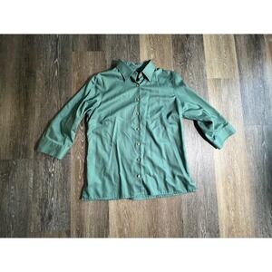 Lands End Button Down Shirt Womens M Green Excellent 3/4 Sleeve Blouse